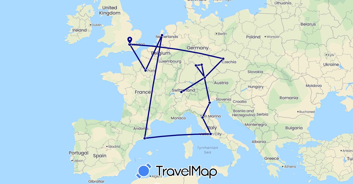 TravelMap itinerary: driving in Switzerland, Czech Republic, Germany, Spain, France, United Kingdom, Italy, Netherlands (Europe)
